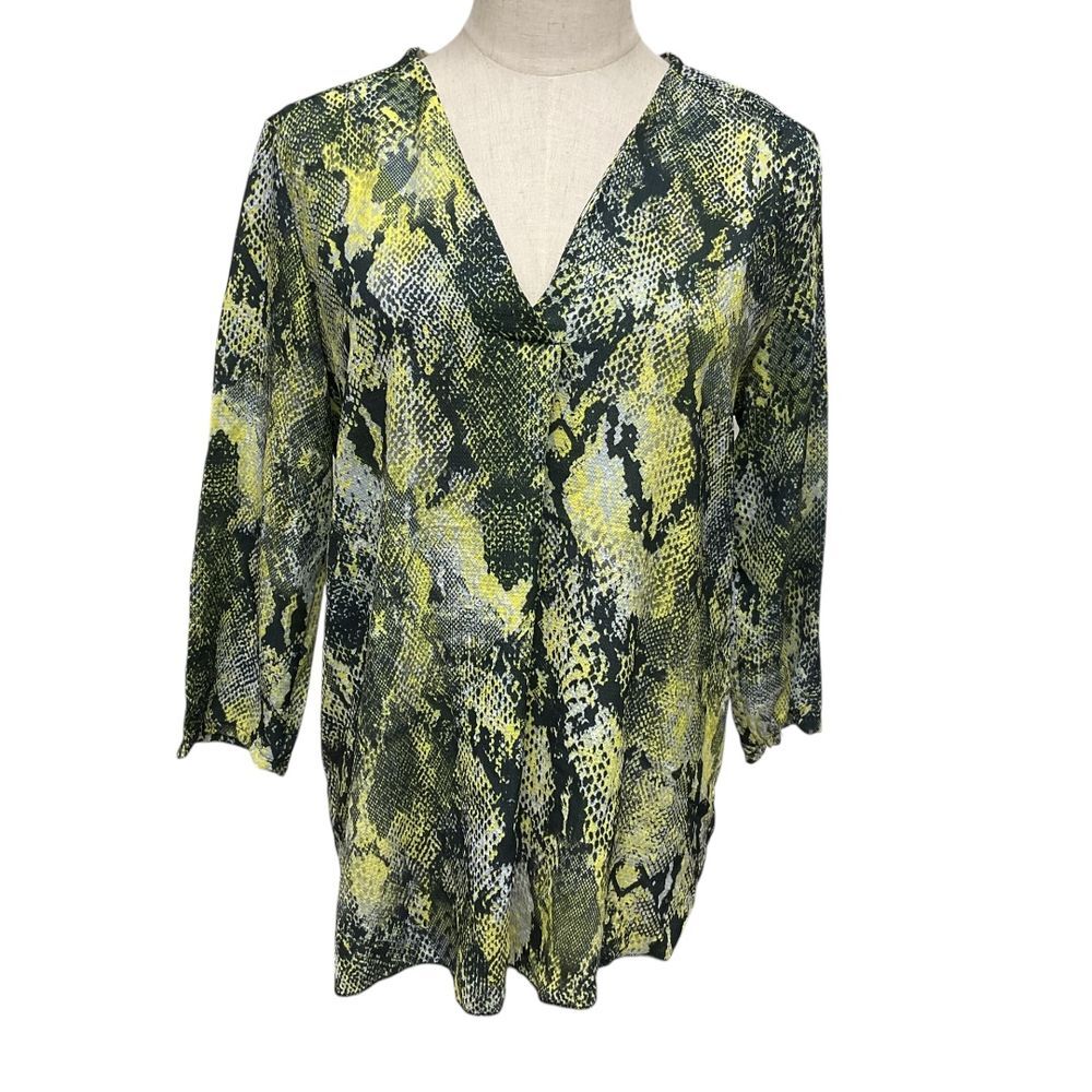 Piaza Italia Snake Print‎ V-Neck Tunic Blouse Sz M Green Yellow 3/4 Sleeve NWT